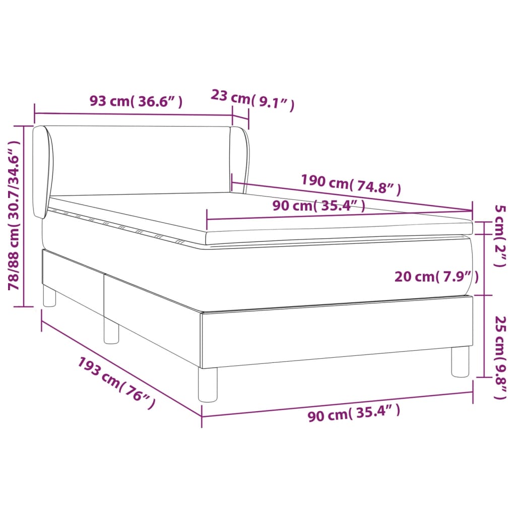 vidaXL Κρεβάτι Boxspring με Στρώμα Σκούρο Γκρι 90x190 εκ. Βελούδινο
