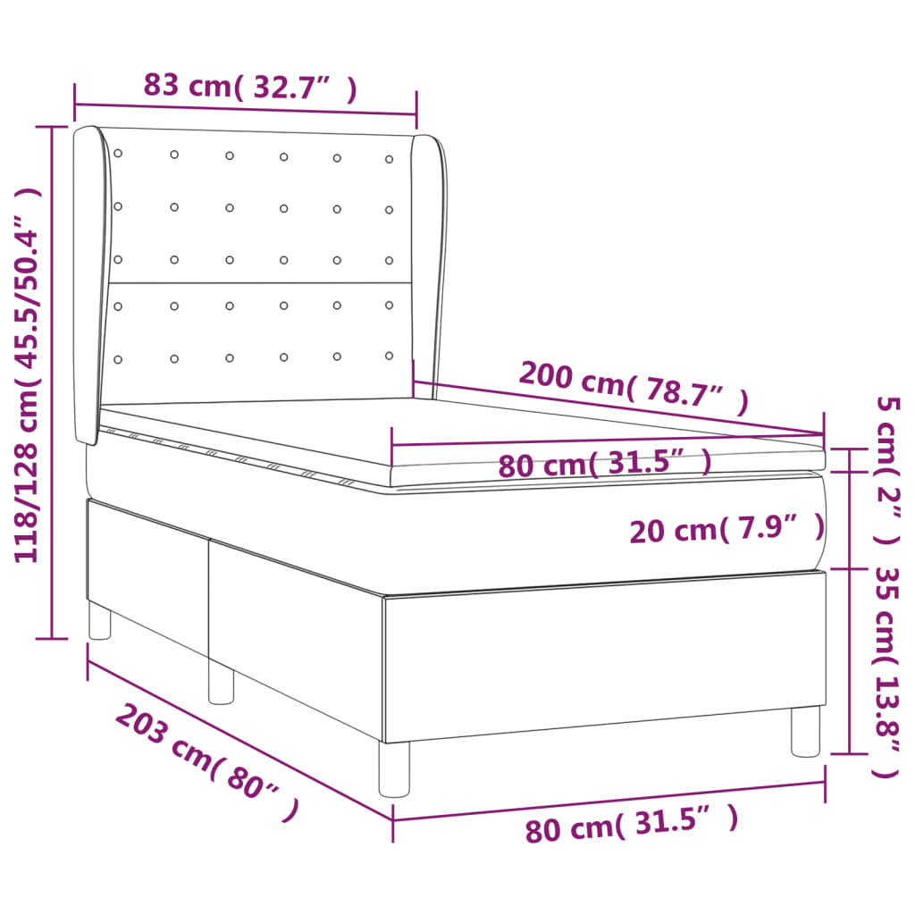 vidaXL Κρεβάτι Boxspring με Στρώμα Σκούρο Γκρι 80x200 εκ. Υφασμάτινο