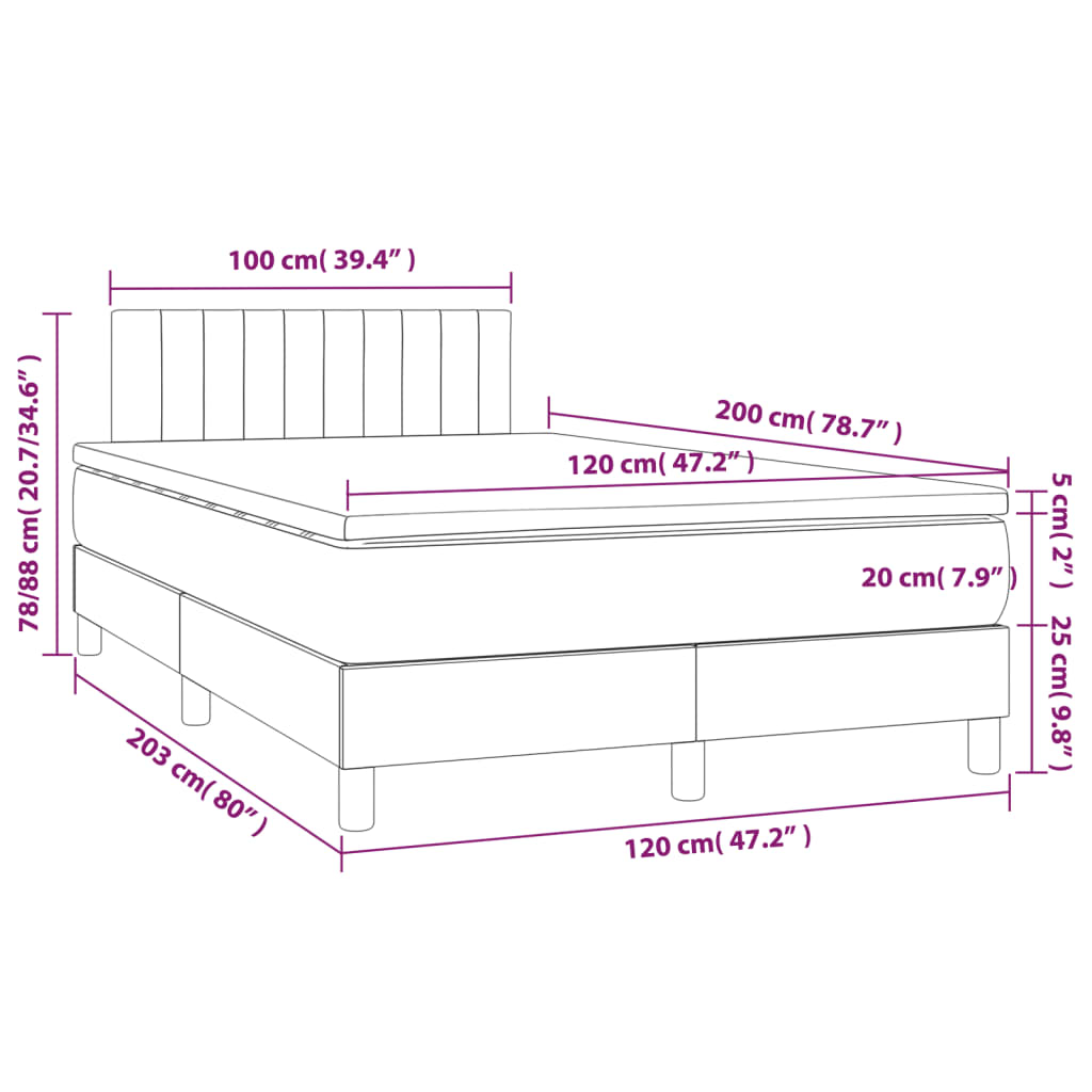 vidaXL Κρεβάτι Boxspring με Στρώμα Κρεμ 120x200 εκ. Υφασμάτινο