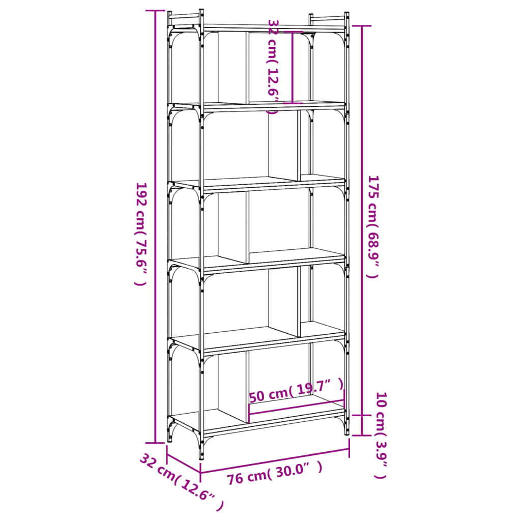 vidaXL Βιβλιοθήκη 6 Επιπέδων Sonoma Δρυς 76 x 32 x 192 εκ. Επεξ. Ξύλο