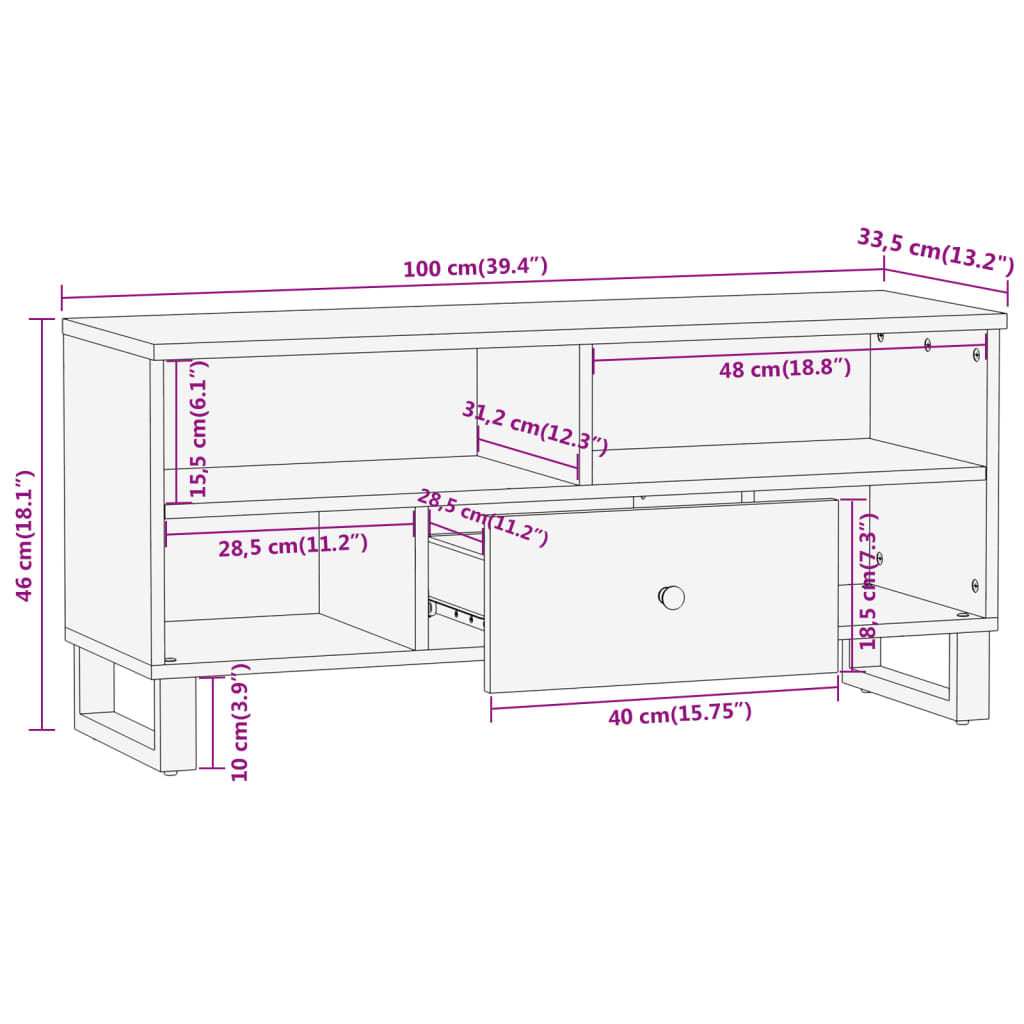 vidaXL Έπιπλο Τηλεόρασης Καφέ/Μαύρο 100x33,5x46 εκ. Μασίφ Ξύλο Μάνγκο