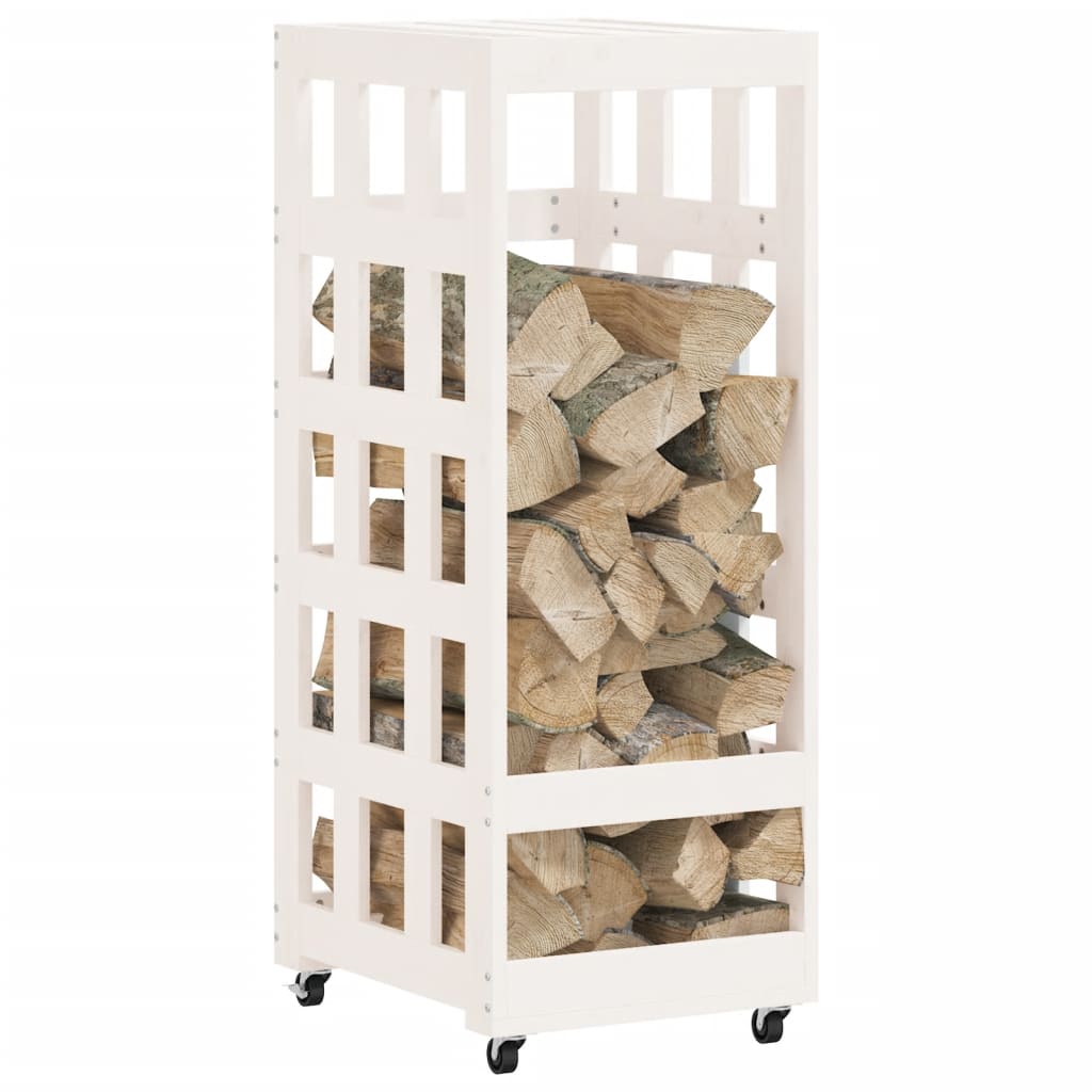 vidaXL Ξυλοθήκη με Τροχούς Λευκή 40x49x110 εκ. από Μασίφ Ξύλο Πεύκου
