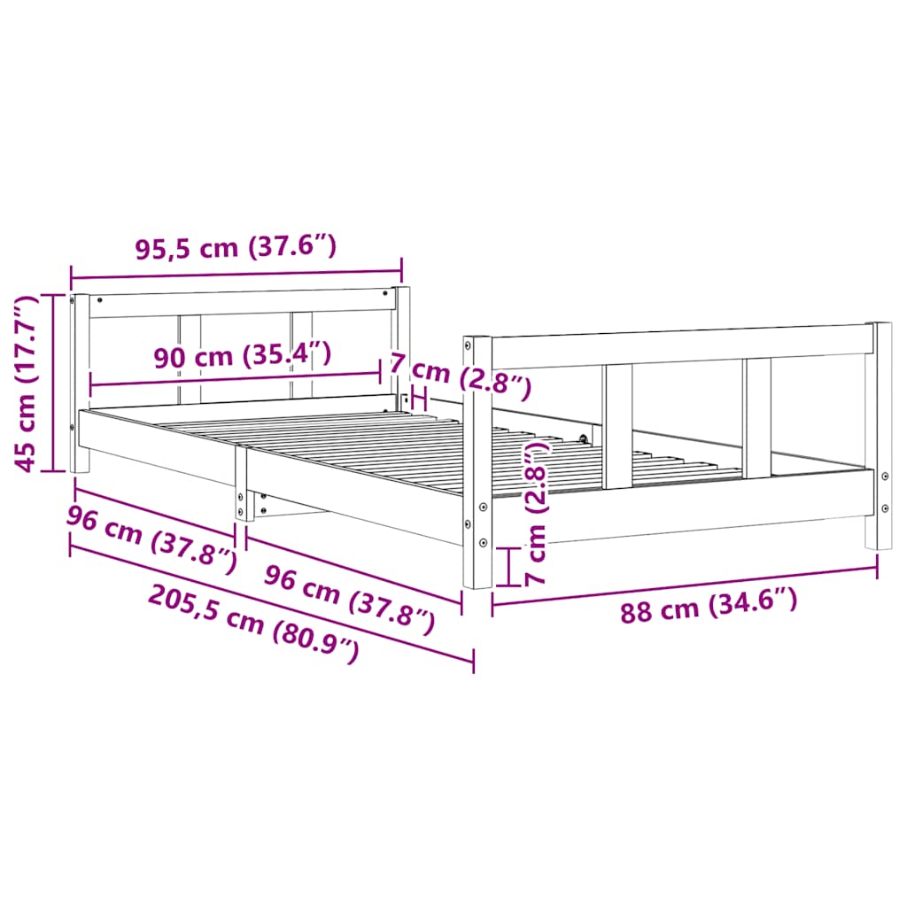 vidaXL Πλαίσιο Παιδικού Κρεβατιού 90 x 200 εκ. από Μασίφ Ξύλο Πεύκου