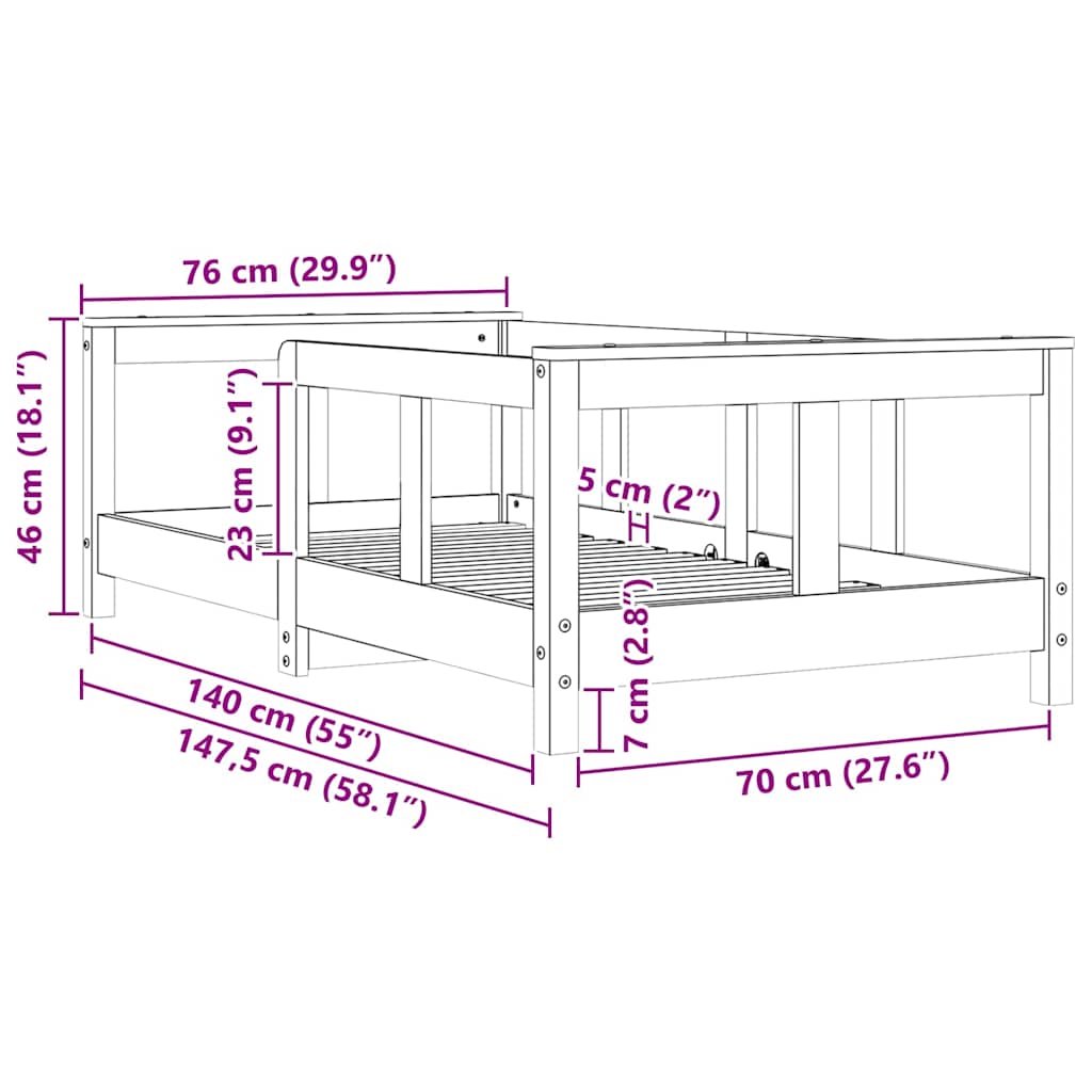 vidaXL Πλαίσιο Παιδικού Κρεβατιού Λευκό 70 x 140 εκ. Μασίφ Ξύλο Πεύκου