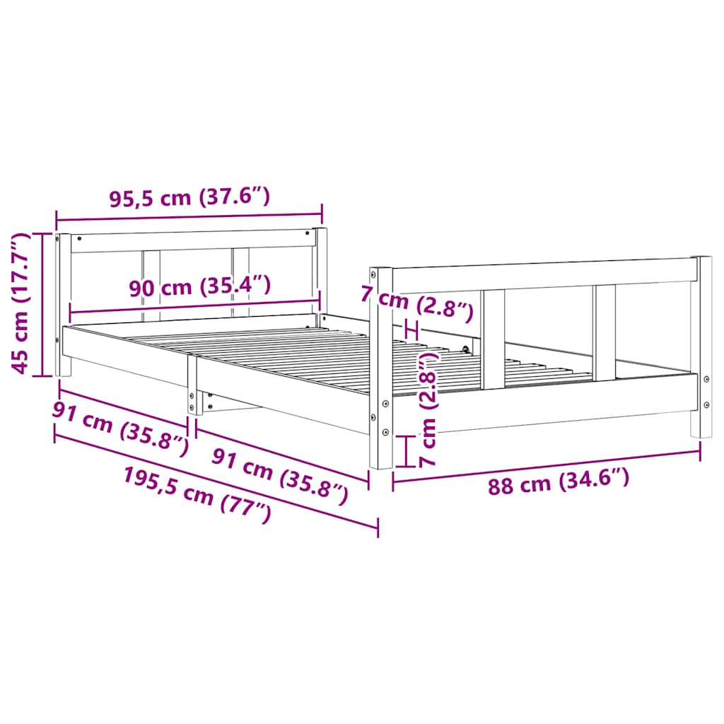 vidaXL Πλαίσιο Παιδικού Κρεβατιού Λευκό 90x190εκ από Μασίφ Ξύλο Πεύκου