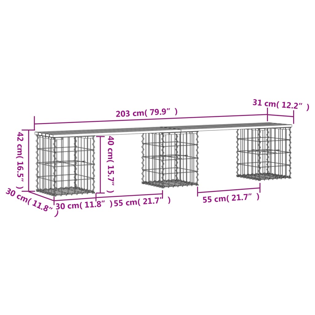 vidaXL Παγκάκι Κήπου Συρματοκιβώτιο 203x31x42εκ. από Μασίφ Ξύλο Πεύκου