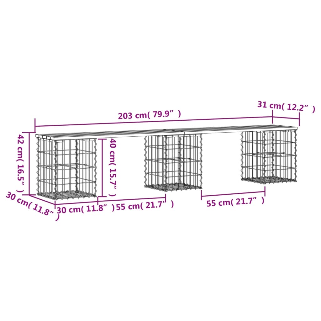 vidaXL Παγκάκι Κήπου Συρματοκιβώτιο 203x31x42 εκ. Εμποτ. Ξύλο Πεύκου
