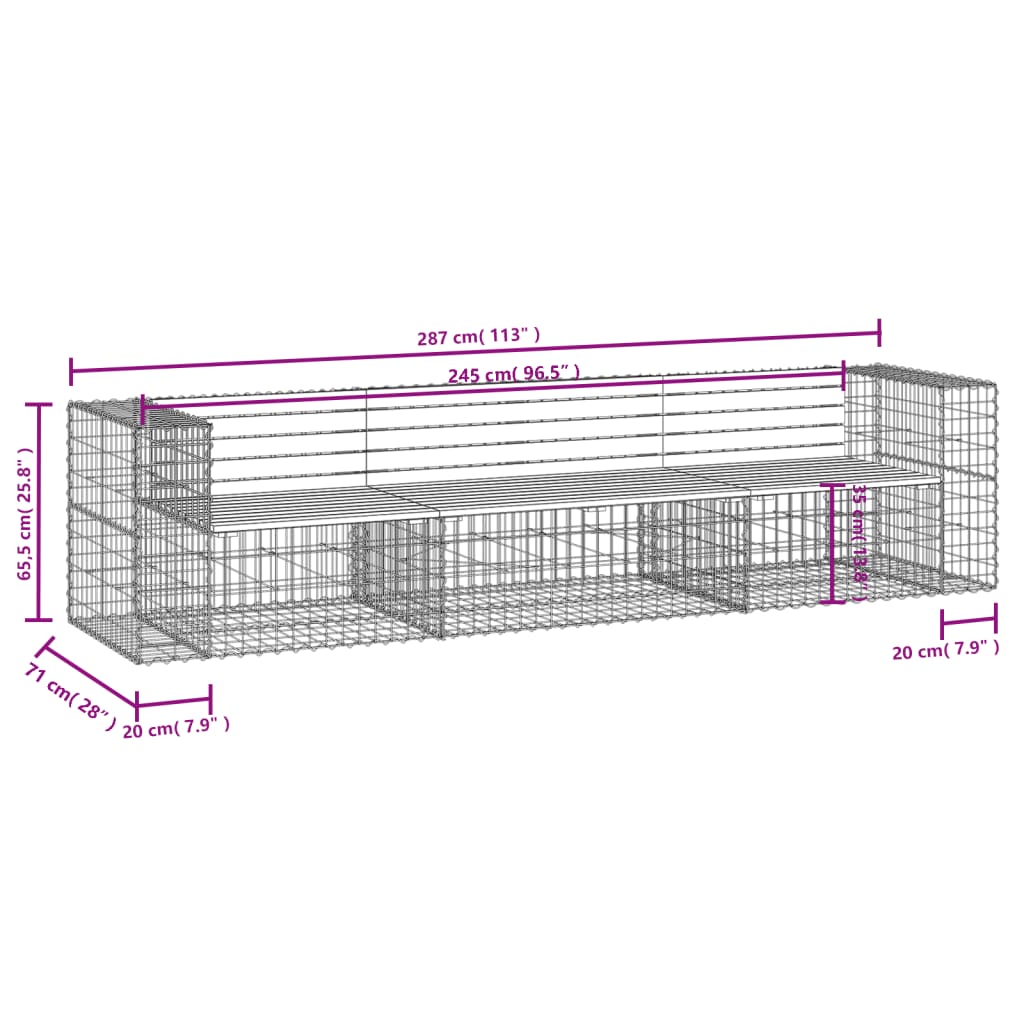 vidaXL Παγκάκι Κήπου Συρματοκιβώτιο 287x71x65,5 εκ. Μασίφ Ξύλο Πεύκου