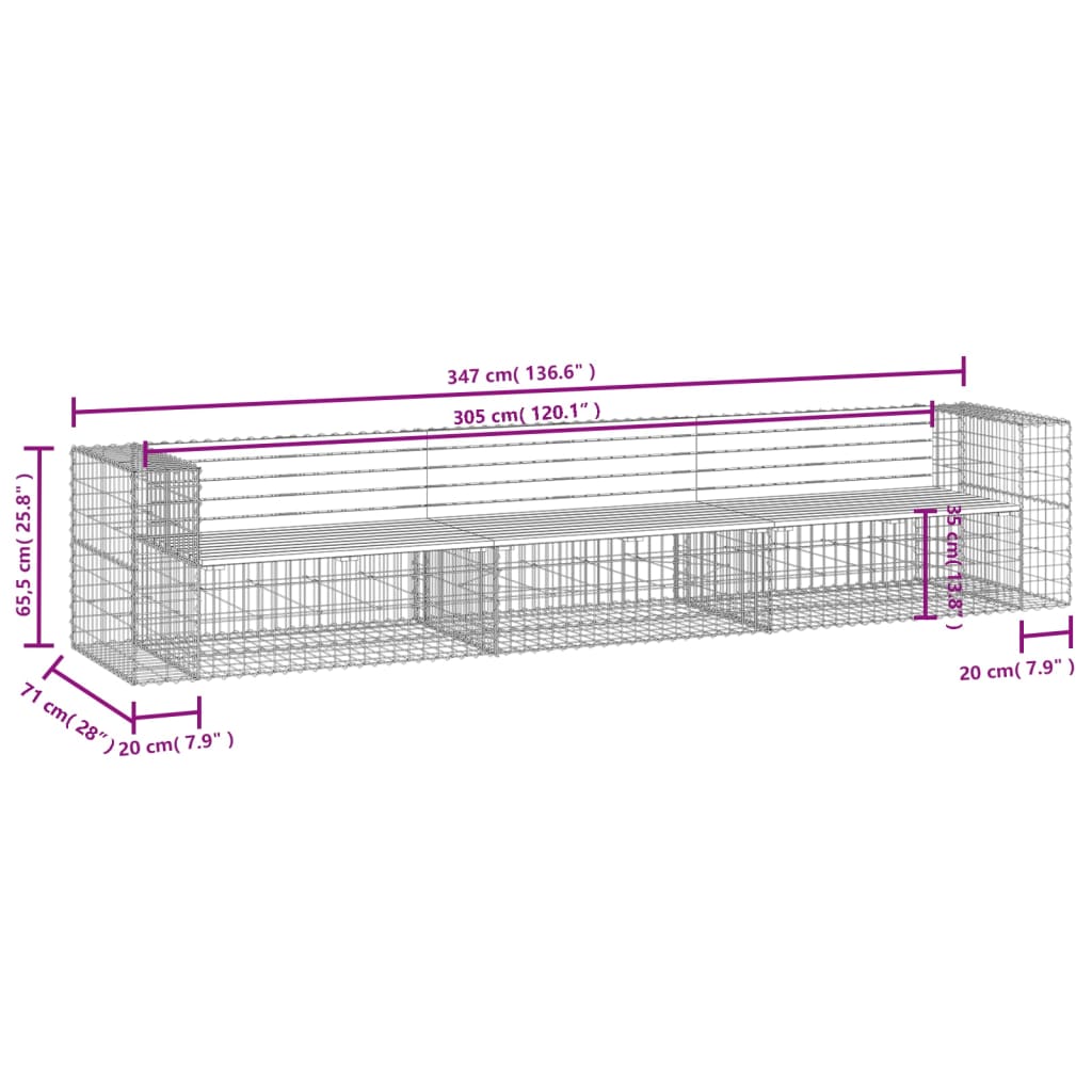vidaXL Παγκάκι Κήπου Συρματοκιβώτιο 347x71x65,5 εκ. Εμποτ. Ξύλο Πεύκου