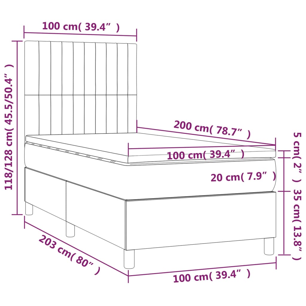 vidaXL Κρεβάτι Boxspring με Στρώμα Σκούρο Γκρι 100x200 εκ. Υφασμάτινο