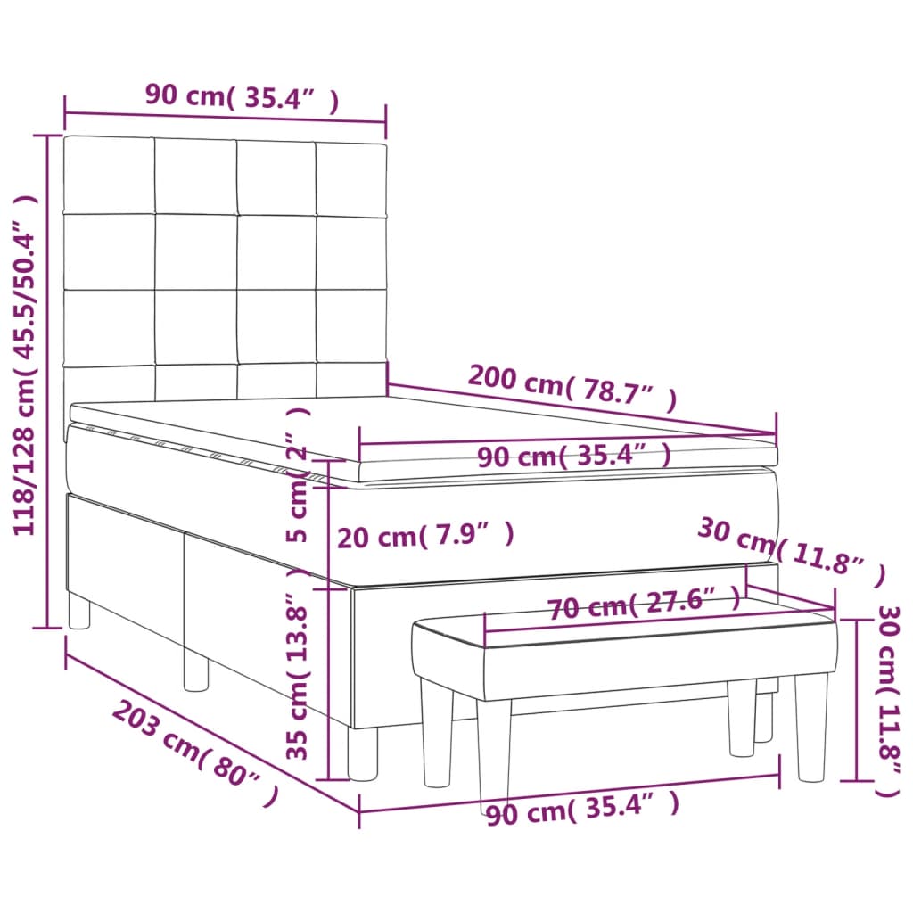 vidaXL Κρεβάτι Boxspring με Στρώμα Κρεμ 90x200 εκ.Υφασμάτινο