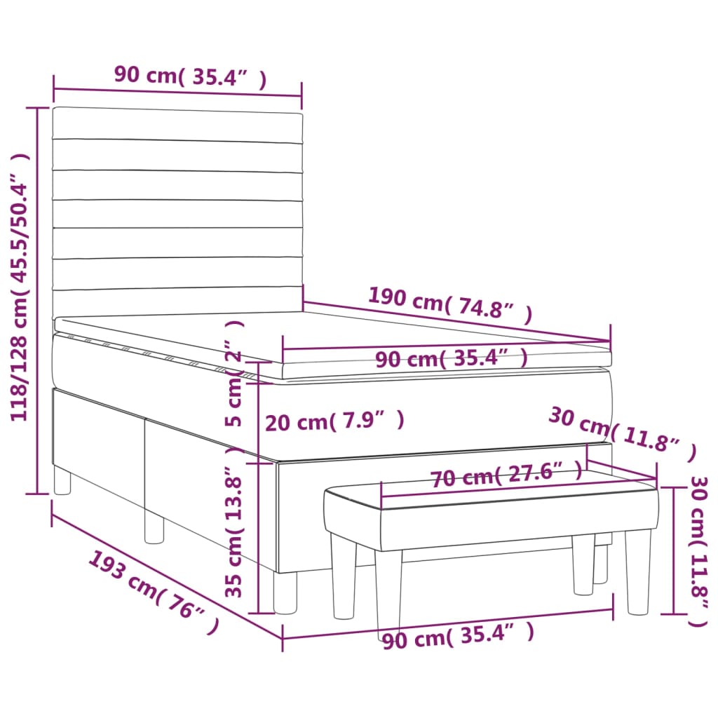 vidaXL Κρεβάτι Boxspring με Στρώμα Σκούρο Καφέ 90x190 εκ. Υφασμάτινο