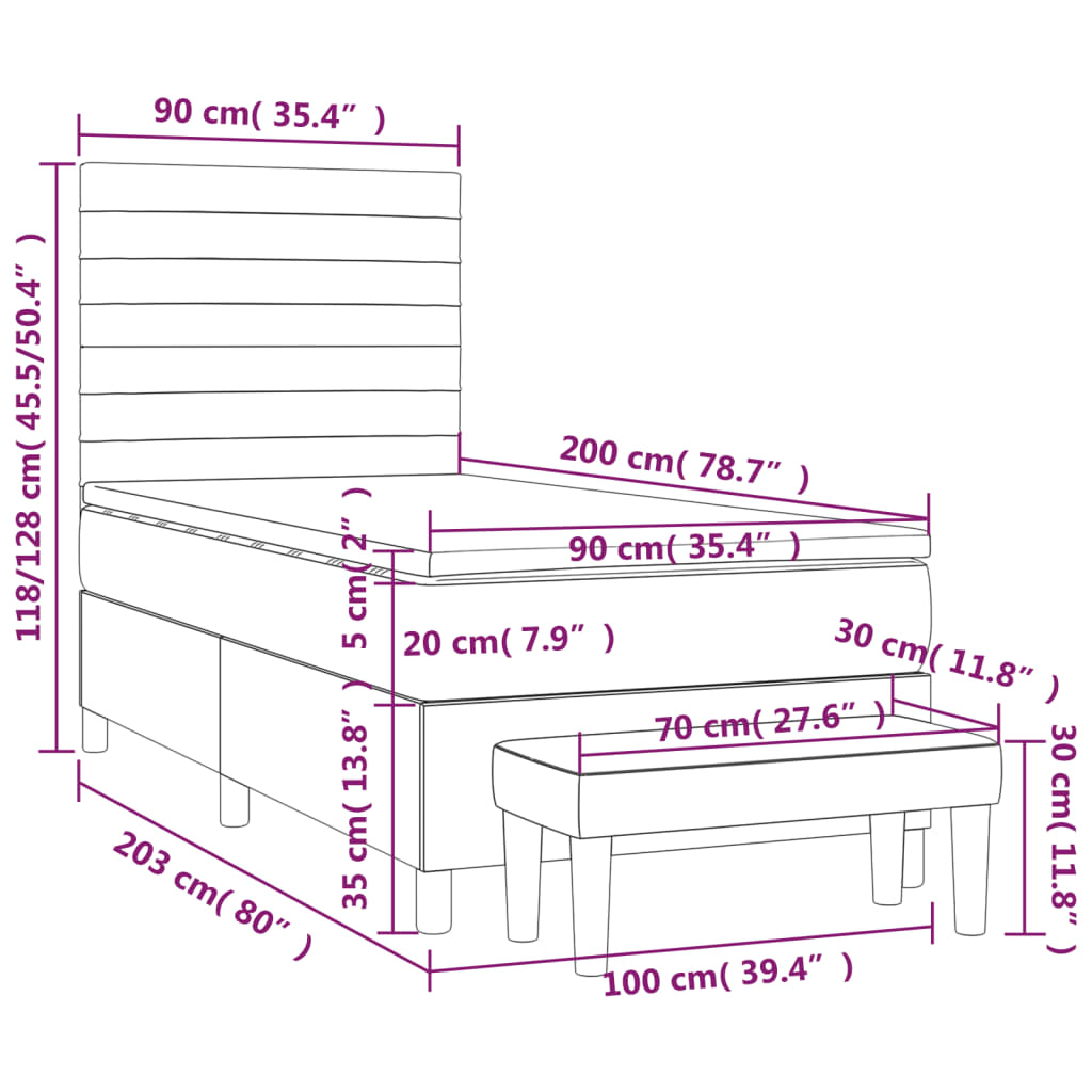 vidaXL Κρεβάτι Boxspring με Στρώμα Μαύρο 90x200 εκ. Υφασμάτινο