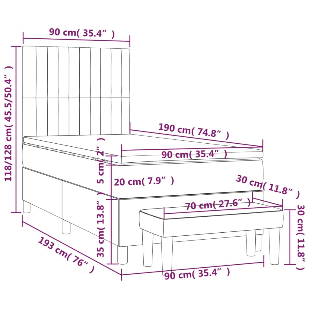 vidaXL Κρεβάτι Boxspring με Στρώμα Σκούρο Καφέ 90x190 εκ. Υφασμάτινο