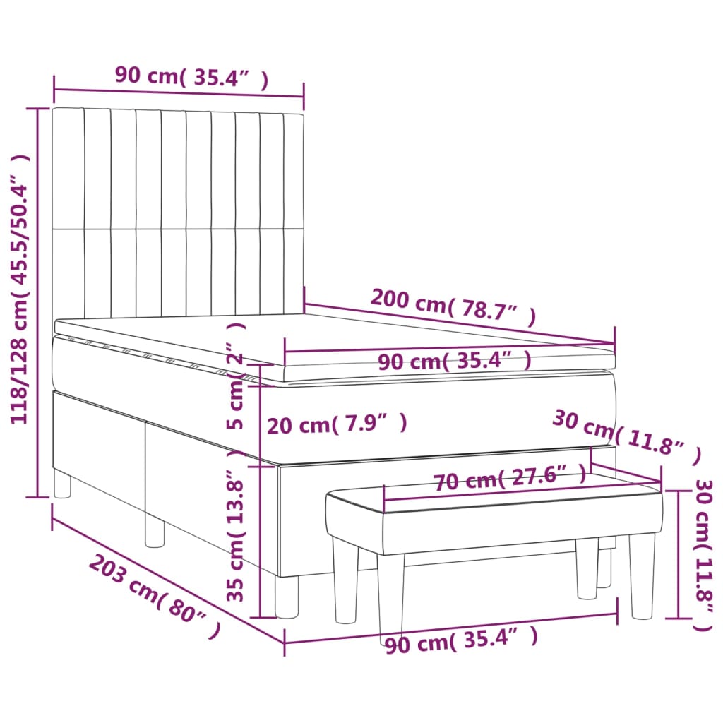 vidaXL Κρεβάτι Boxspring με Στρώμα Σκούρο Καφέ 90x200 εκ. Υφασμάτινο
