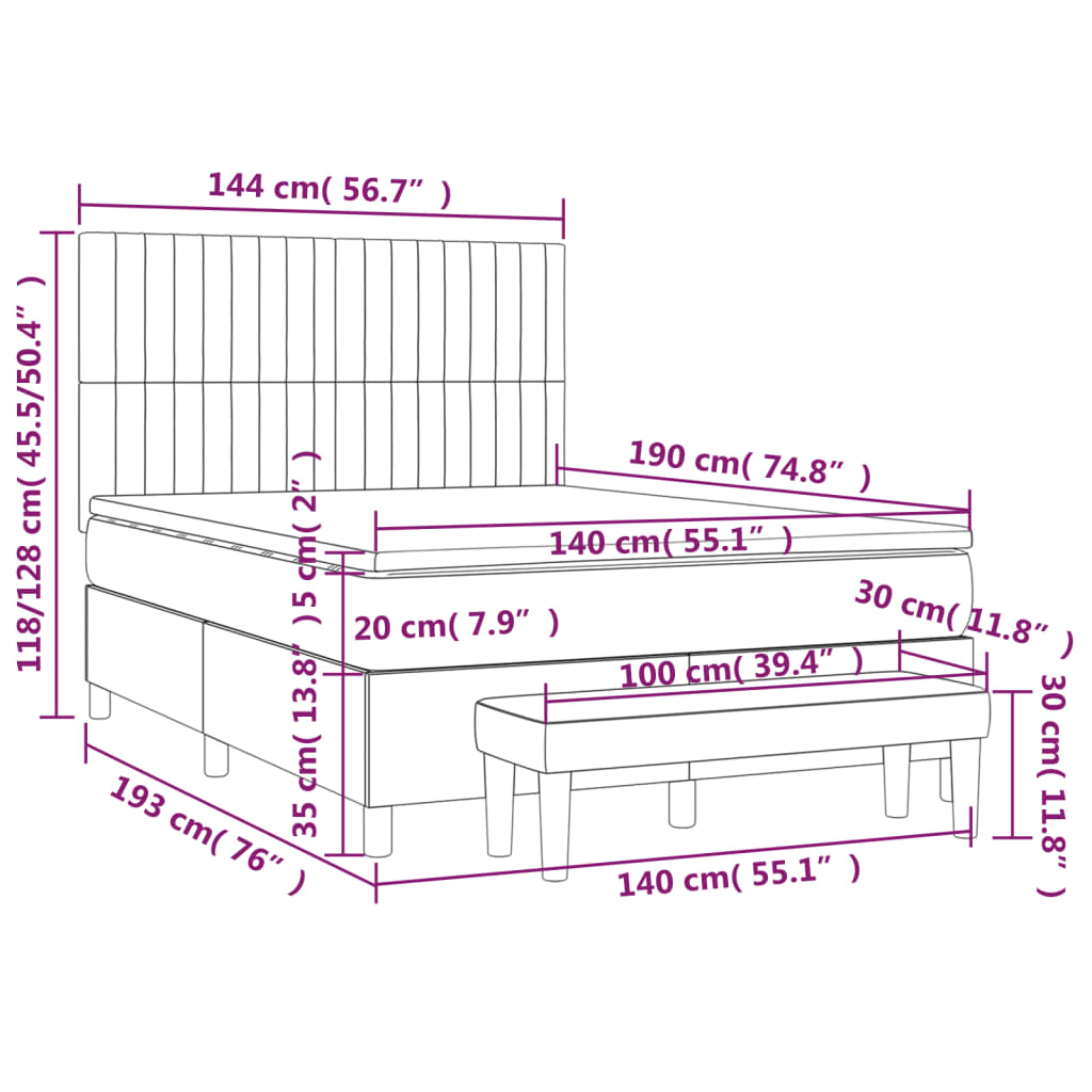 vidaXL Κρεβάτι Boxspring με Στρώμα Κρεμ 140x190 εκ. Υφασμάτινο