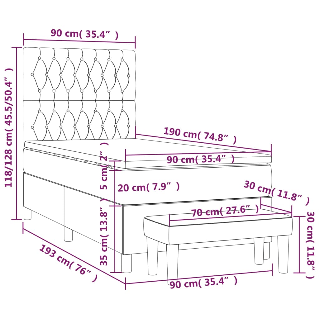 vidaXL Κρεβάτι Boxspring με Στρώμα Ανοιχτό Γκρι 90x190 εκ. Υφασμάτινο
