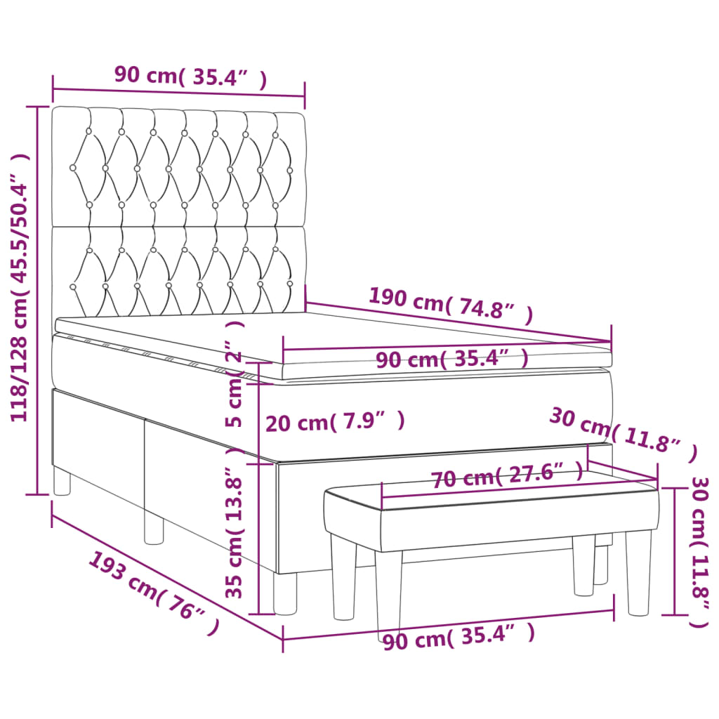 vidaXL Κρεβάτι Boxspring με Στρώμα Σκούρο Καφέ 90x190 εκ. Υφασμάτινο