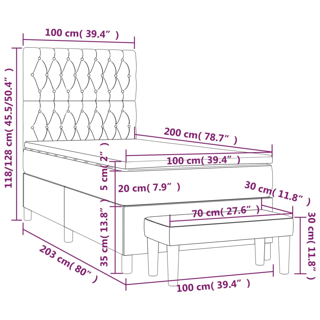 vidaXL Κρεβάτι Boxspring με Στρώμα Μαύρο 100 x 200 εκ. Υφασμάτινο
