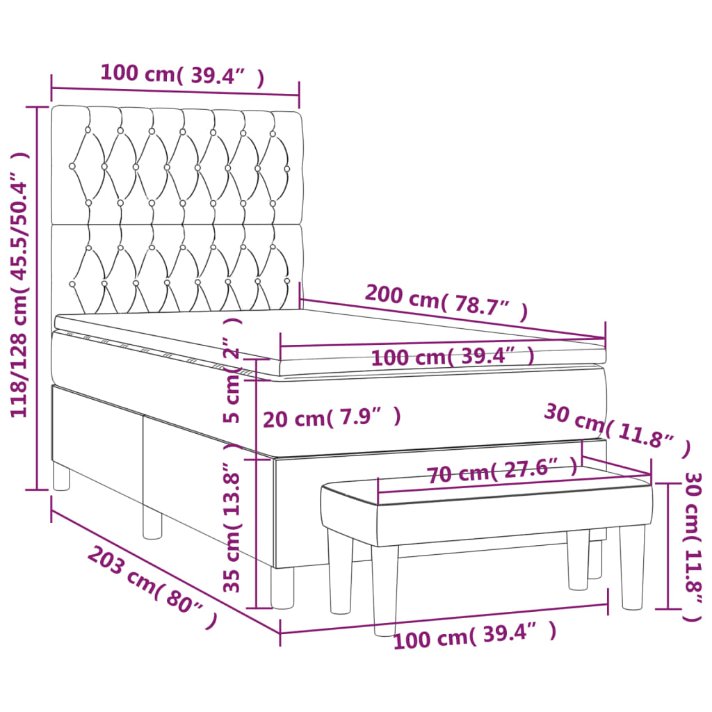 vidaXL Κρεβάτι Boxspring με Στρώμα Σκούρο Καφέ 100x200 εκ. Υφασμάτινο