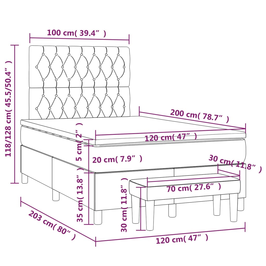 vidaXL Κρεβάτι Boxspring με Στρώμα Κρεμ 120x200 εκ. Υφασμάτινο
