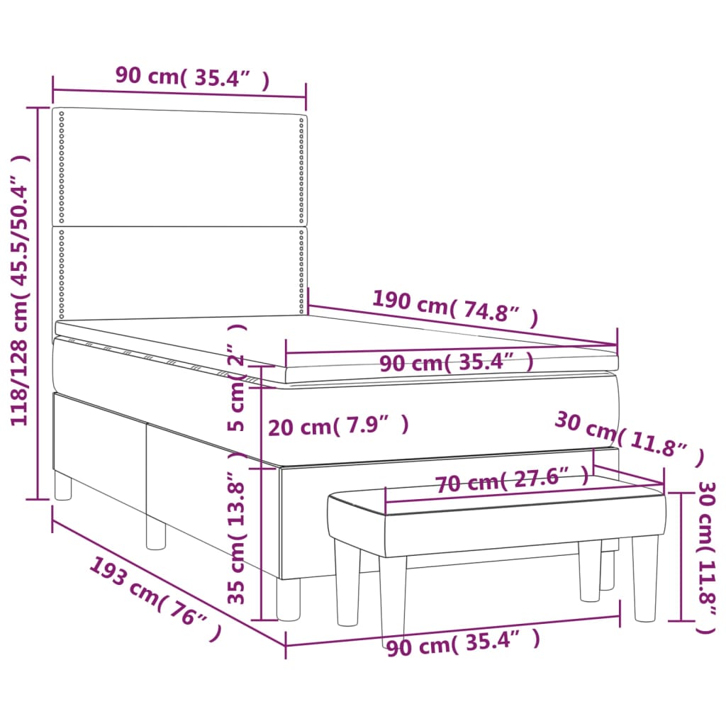 vidaXL Κρεβάτι Boxspring με Στρώμα Ανοιχτό Γκρι 90x190 εκ. Υφασμάτινο