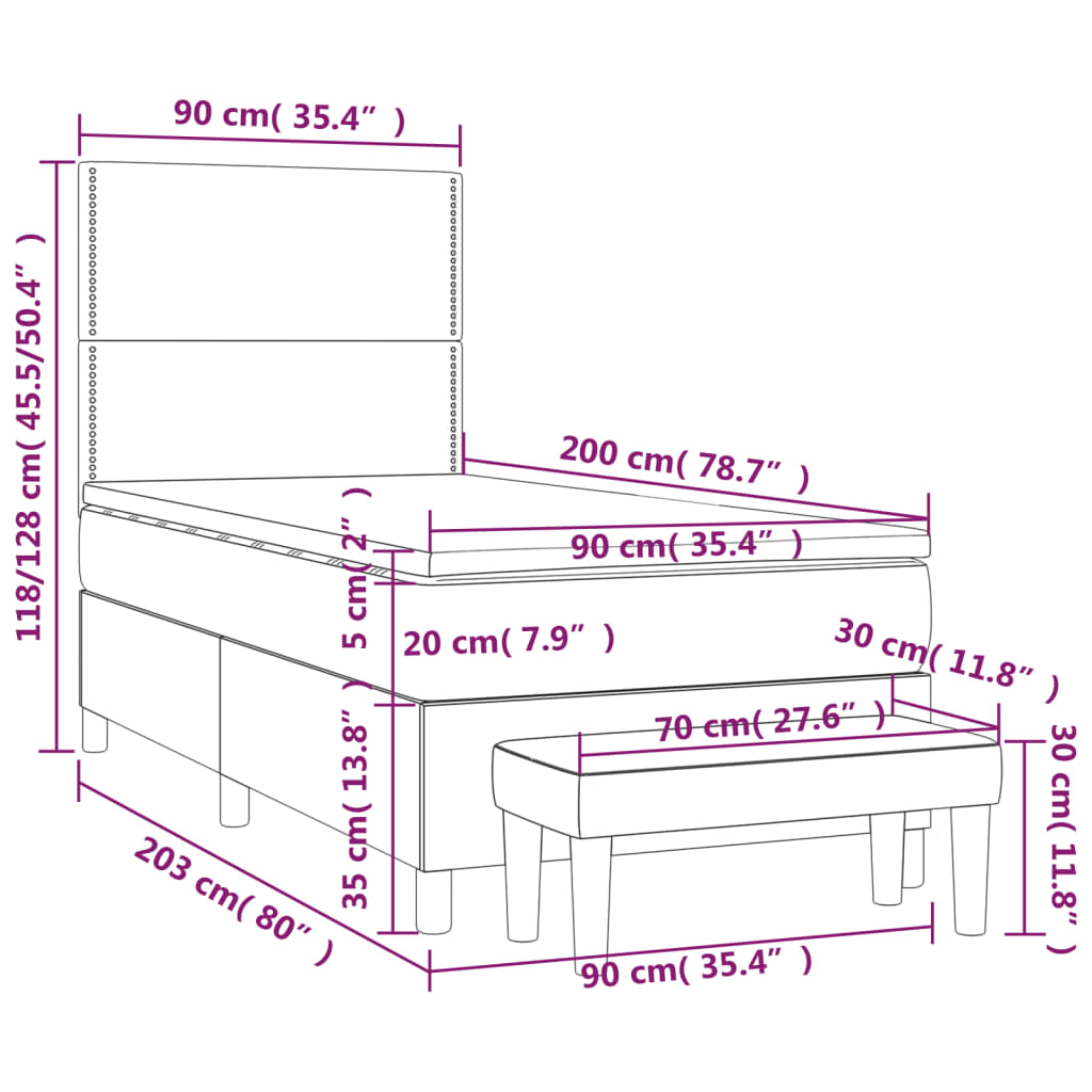 vidaXL Κρεβάτι Boxspring με Στρώμα Σκούρο Καφέ 90x200 εκ. Υφασμάτινο