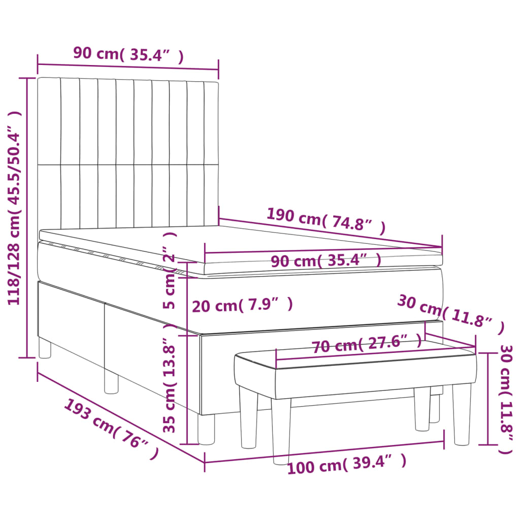 vidaXL Κρεβάτι Boxspring με Στρώμα Σκούρο Καφέ 90x190 εκ. Υφασμάτινο