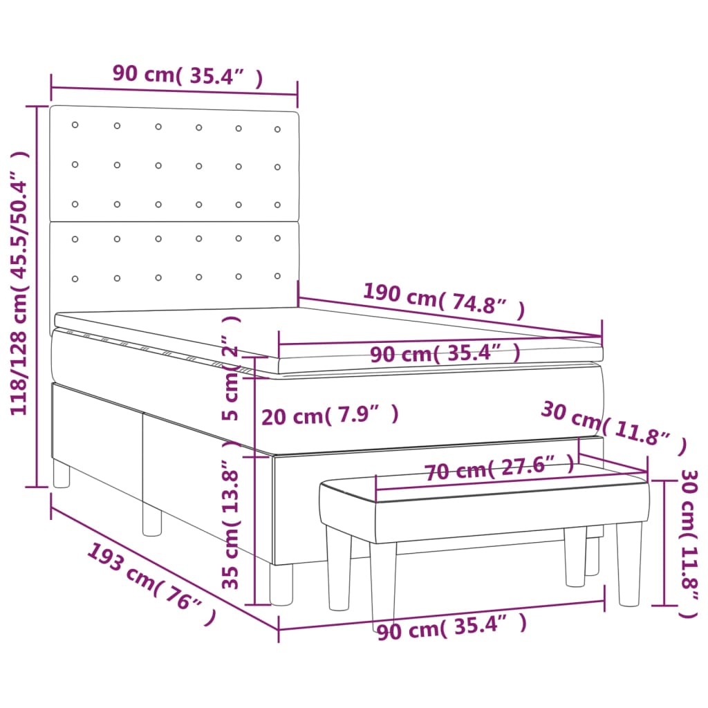 vidaXL Κρεβάτι Boxspring με Στρώμα Μαύρο 90x190εκ. από Συνθετικό Δέρμα