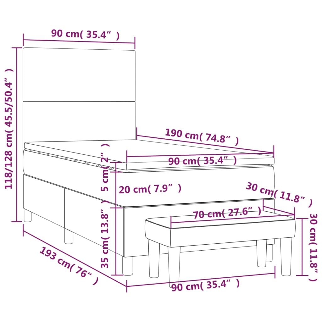 vidaXL Κρεβάτι Boxspring με Στρώμα Ανοιχτό Γκρι 90x190 εκ. Βελούδινο
