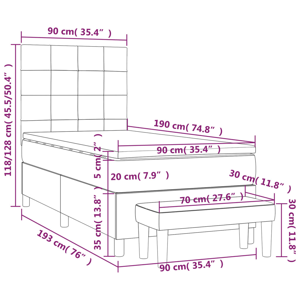 vidaXL Κρεβάτι Boxspring με Στρώμα Σκούρο Γκρι 90x190 εκ. Βελούδινο
