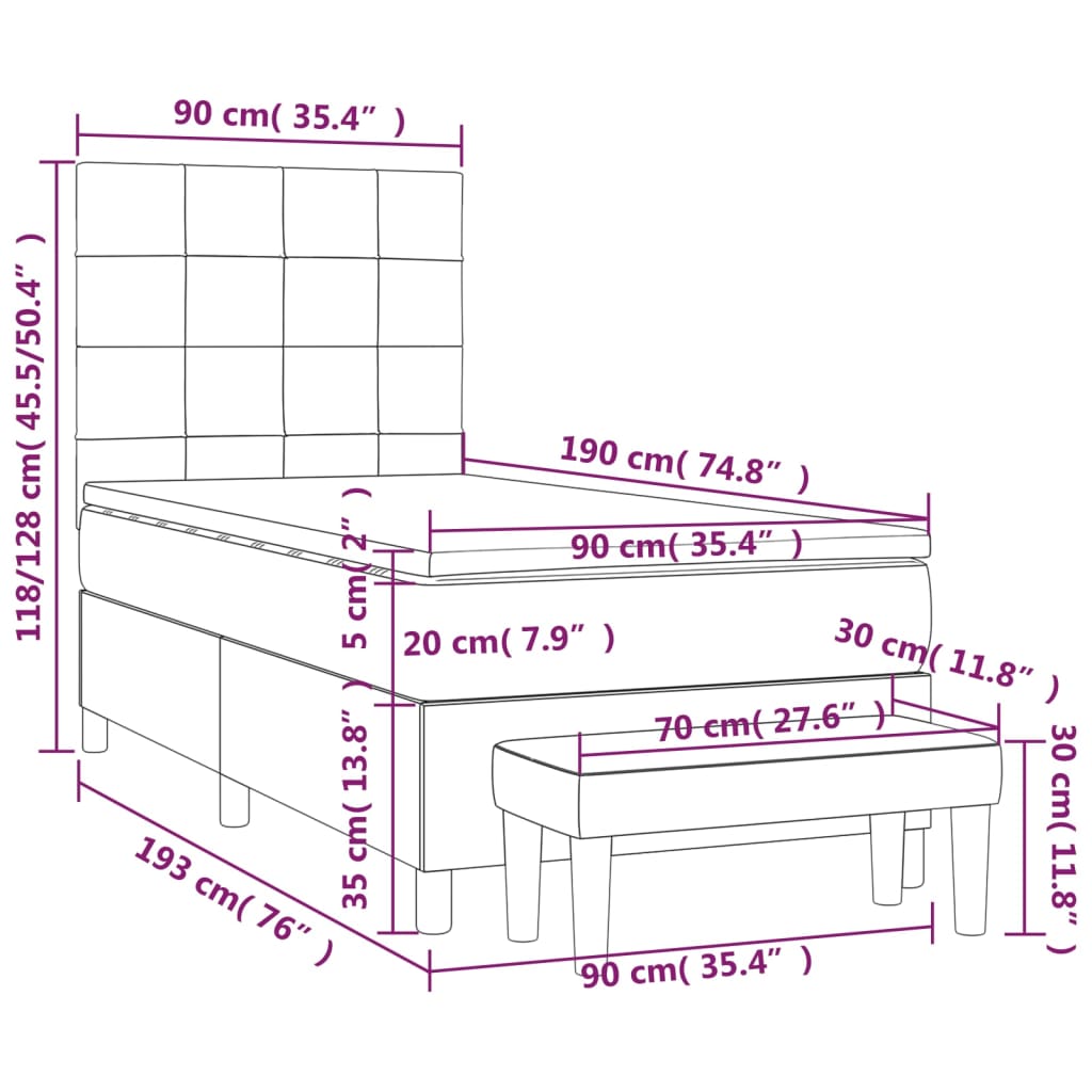 vidaXL Κρεβάτι Boxspring με Στρώμα Ροζ 90x190 εκ. Βελούδινο