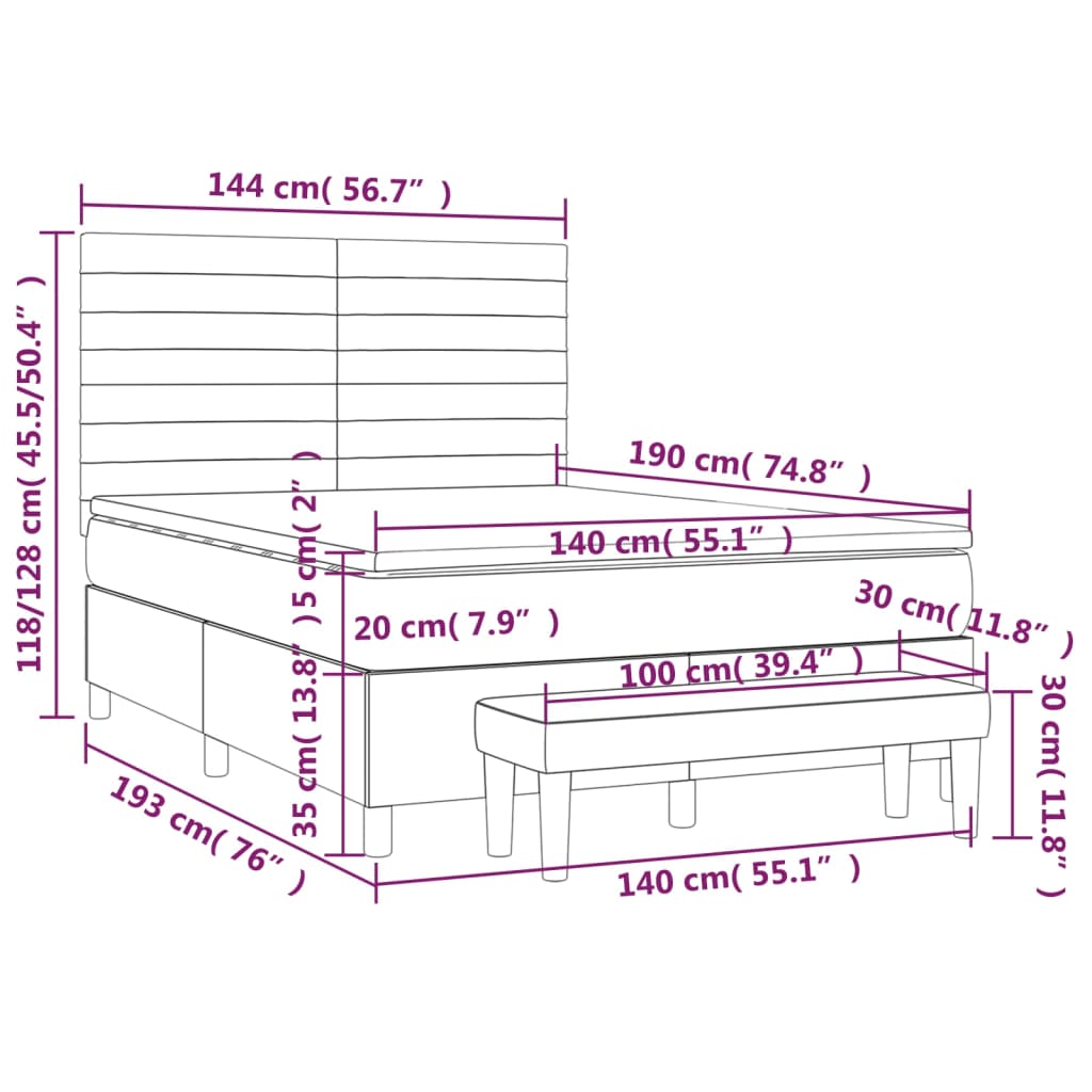 vidaXL Κρεβάτι Boxspring με Στρώμα Ανοιχτό Γκρι 140x190 εκ. Βελούδινο