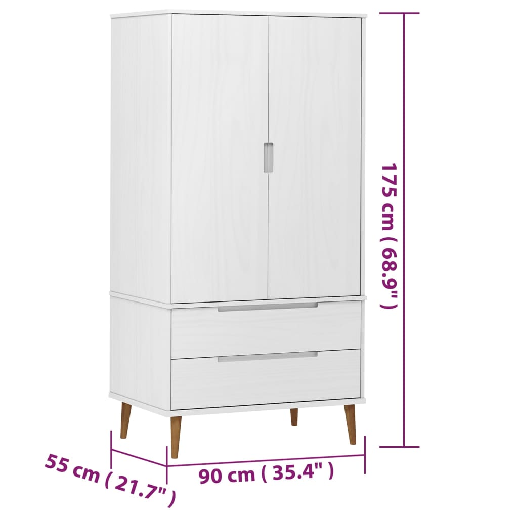 vidaXL Ντουλάπα MOLDE Λευκή 90x55x175 εκ. από Μασίφ Ξύλο Πεύκου