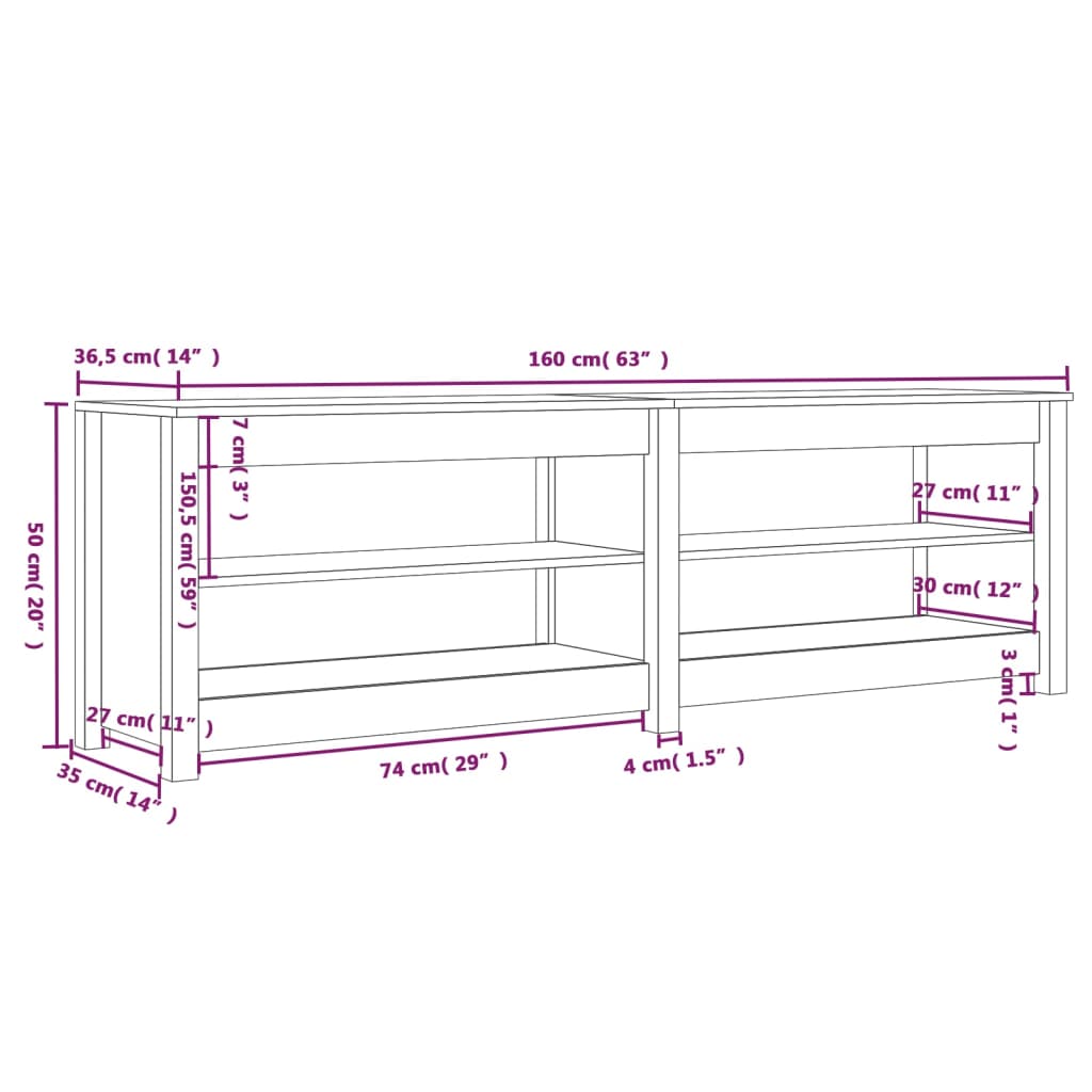 vidaXL Παπουτσοθήκη 160 x 36,5 x 50 εκ. από Μασίφ Ξύλο Πεύκου