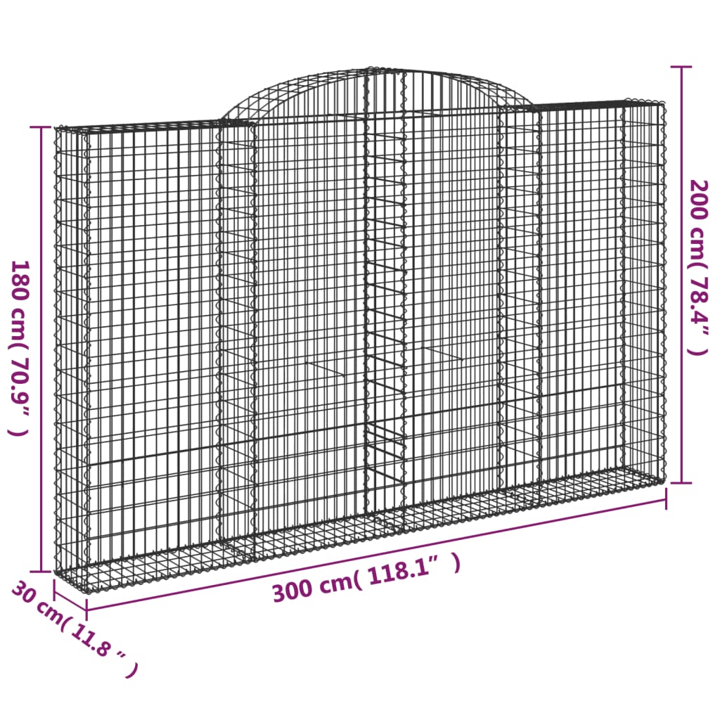 vidaXL Συρματοκιβώτια Τοξωτά 2 τεμ. 300x30x180/200 εκ. Γαλβαν. Ατσάλι