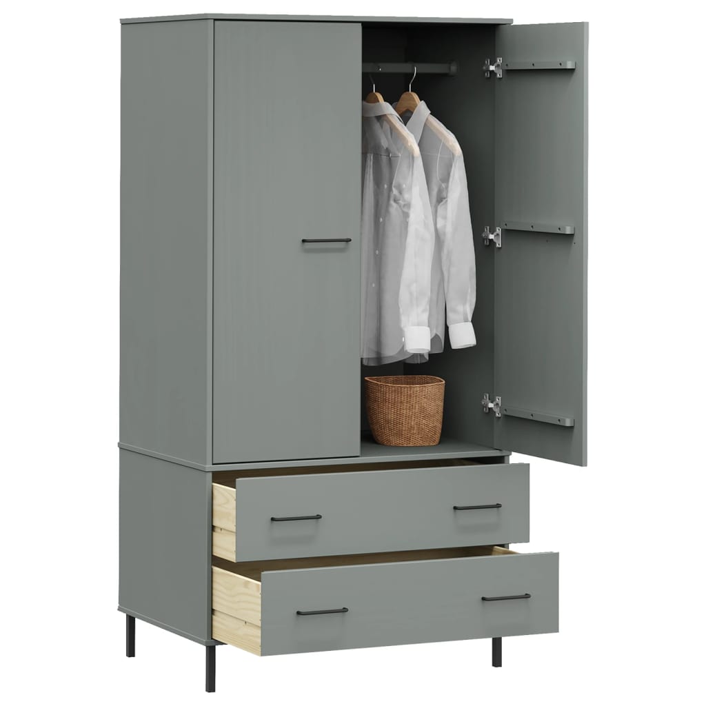 vidaXL Ντουλάπα OSLO Γκρι 90x55x172,5 εκ. Μασίφ Ξύλο με Μετ. Πόδια