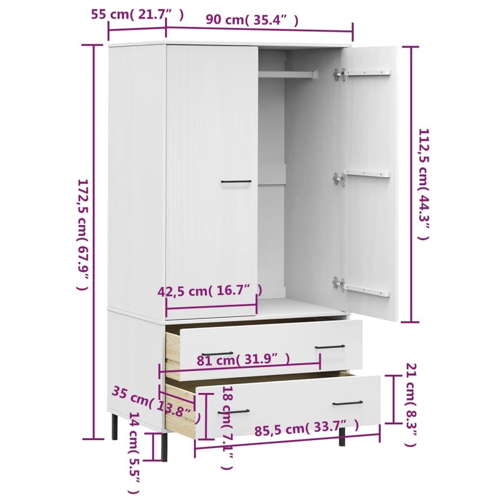 vidaXL Ντουλάπα OSLO Λευκή 90x55x172,5 εκ. Μασίφ Ξύλο με Μετ. Πόδια