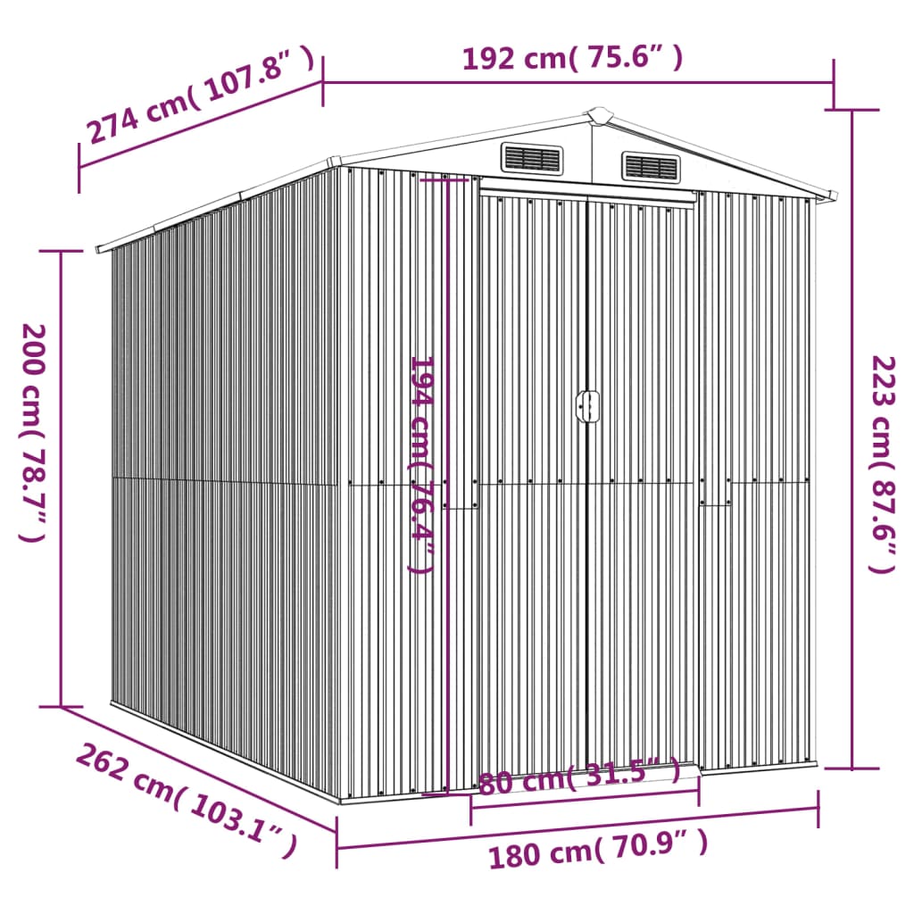 vidaXL Αποθήκη Κήπου Ανοιχτό γκρι 192x274x223 εκ. Γαλβανισμένο Ατσάλι