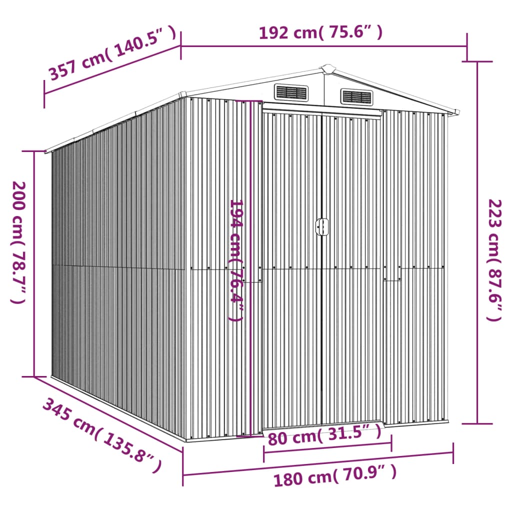 vidaXL Αποθήκη Κήπου Ανοιχτό γκρι 192x357x223 εκ. Γαλβανισμένο Ατσάλι