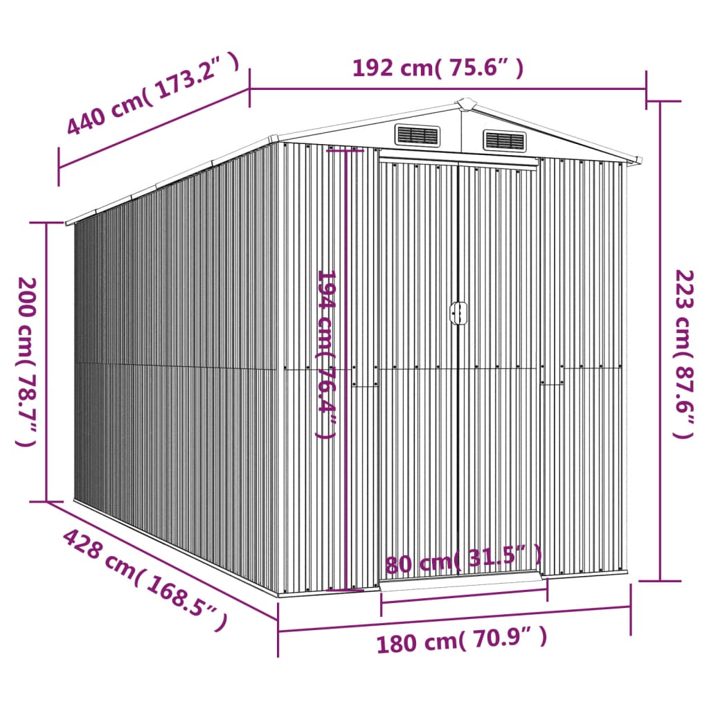 vidaXL Αποθήκη Κήπου Ανοιχτό γκρι 192x440x223 εκ. Γαλβανισμένο Ατσάλι