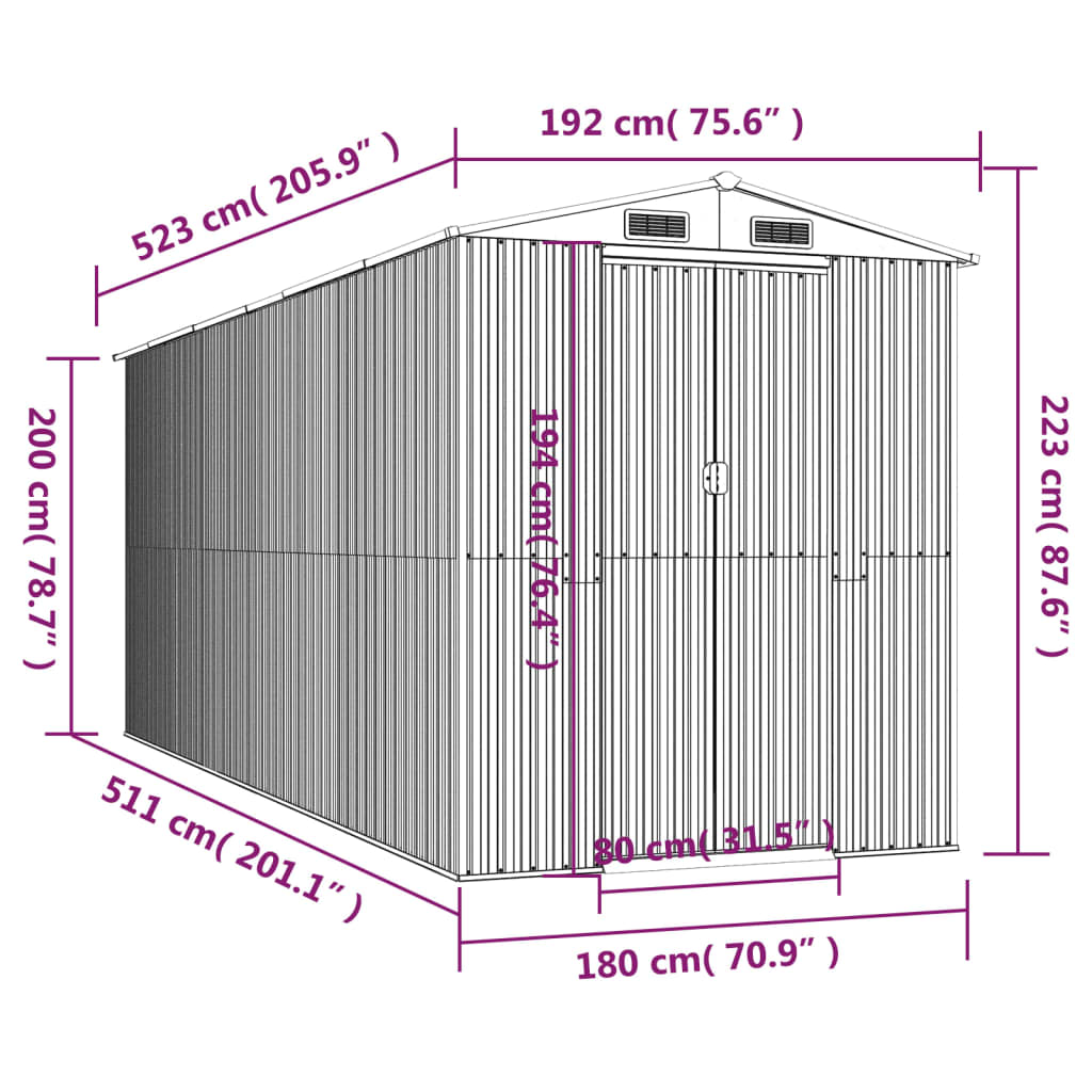 vidaXL Αποθήκη Κήπου Ανοιχτό γκρι 192x523x223 εκ. Γαλβανισμένο Ατσάλι