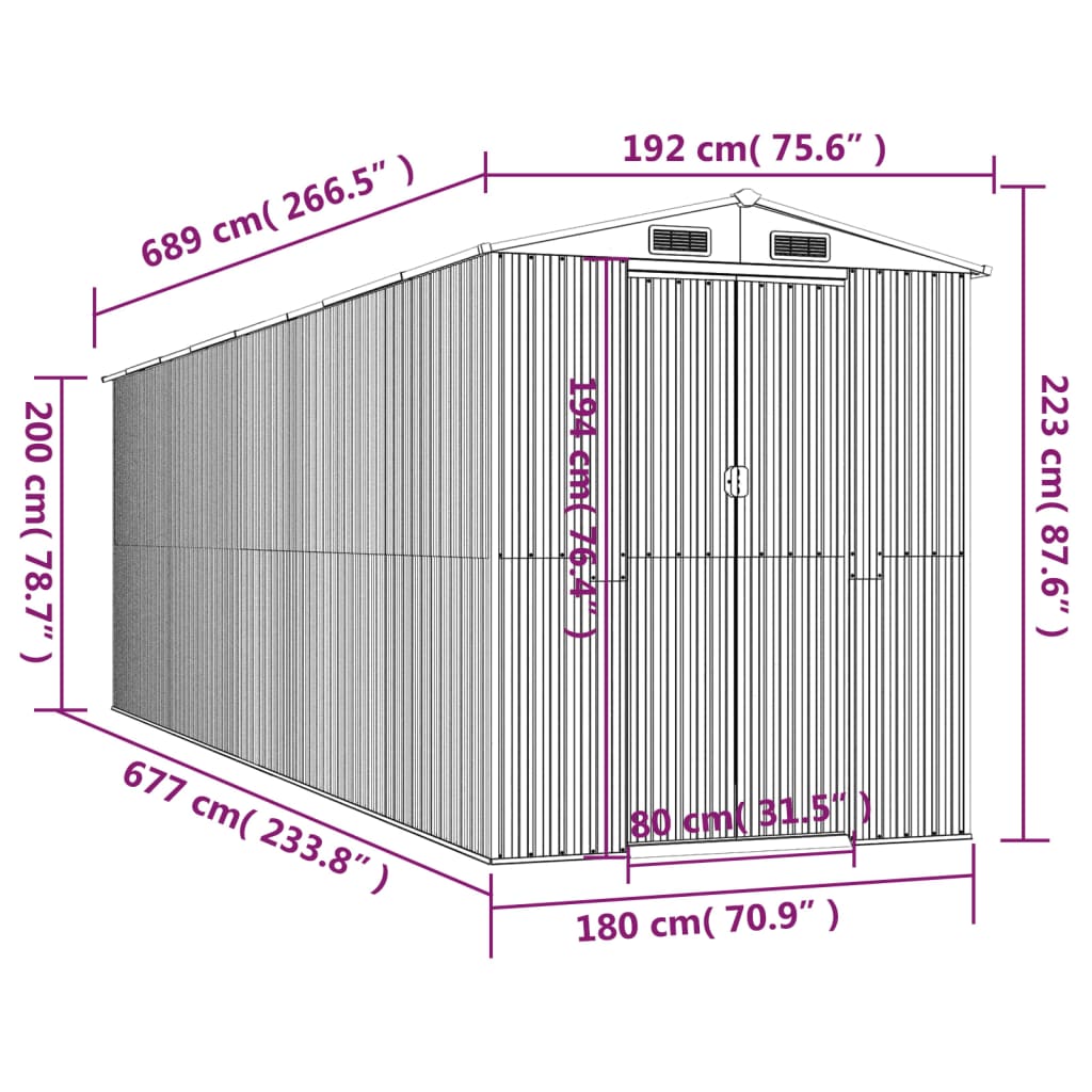vidaXL Αποθήκη Κήπου Ανοιχτό γκρι 192x689x223 εκ. Γαλβανισμένο Ατσάλι