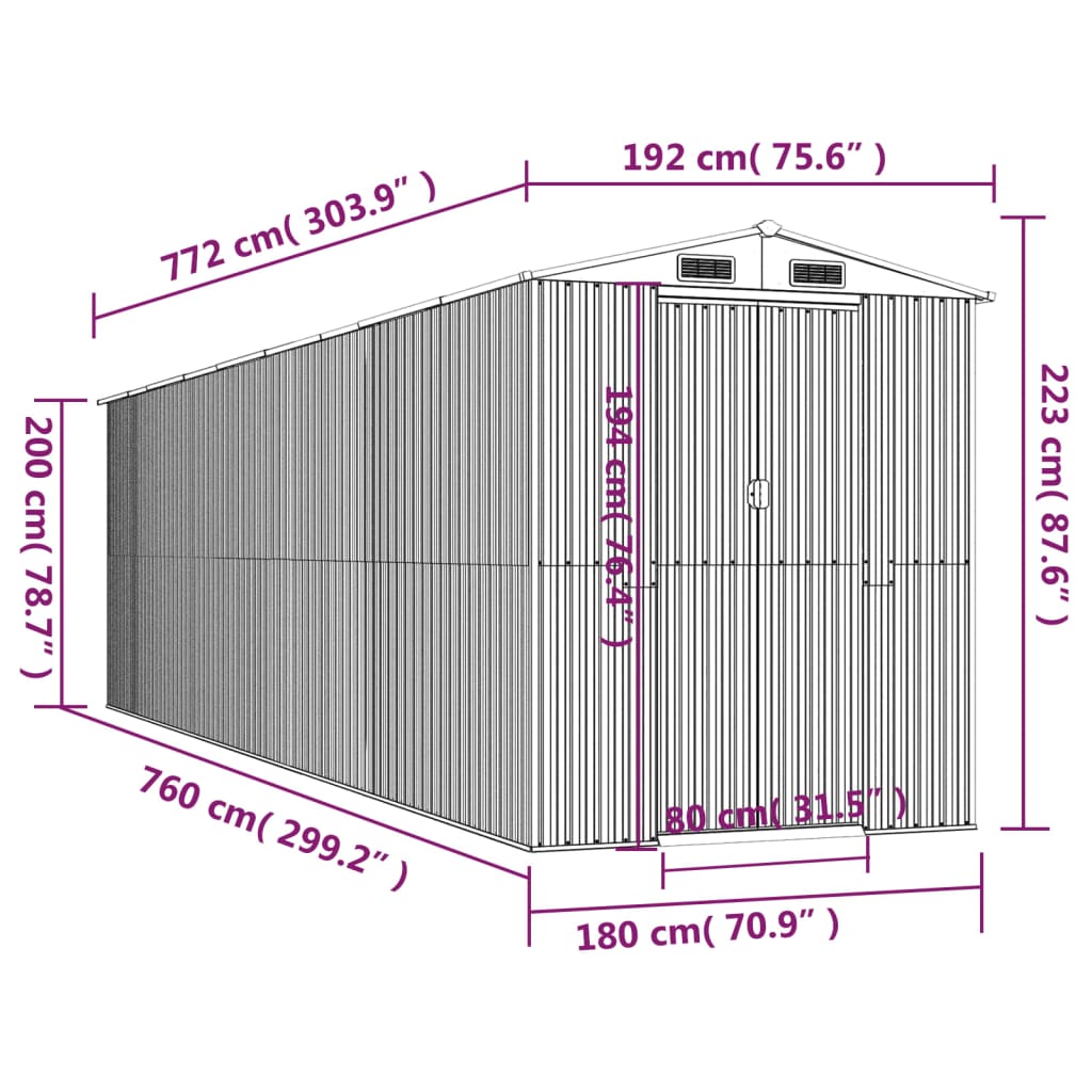 vidaXL Αποθήκη Κήπου Ανοιχτό γκρι 192x772x223 εκ. Γαλβανισμένο Ατσάλι