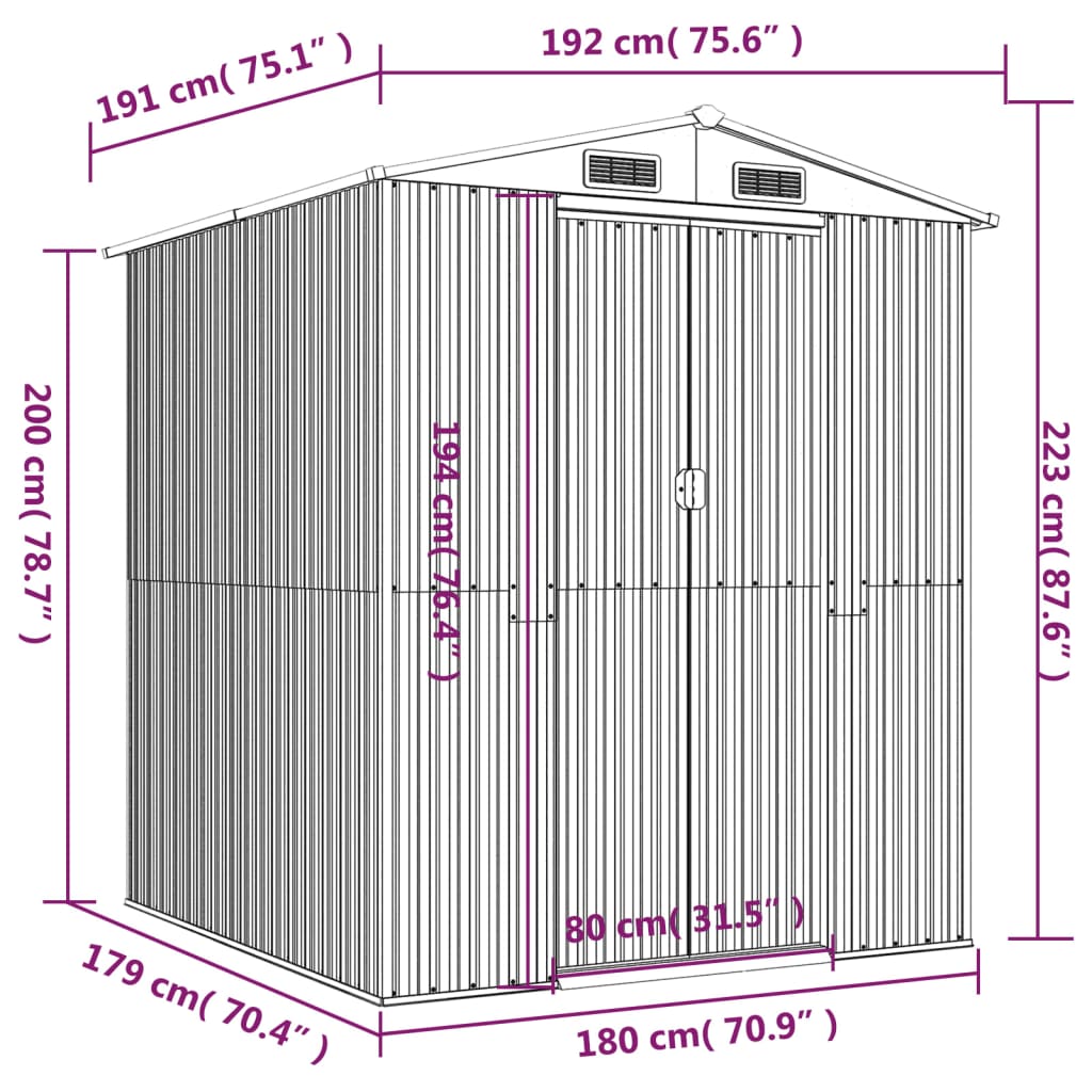 vidaXL Αποθήκη Κήπου Ανθρακί 192x191x223 εκ. Γαλβανισμένο Ατσάλι