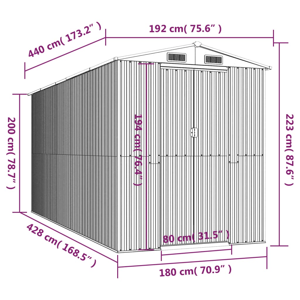 vidaXL Αποθήκη Κήπου Ανθρακί 192x440x223 εκ. Γαλβανισμένο Ατσάλι