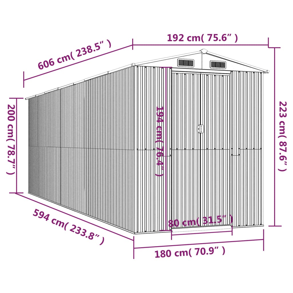 vidaXL Αποθήκη Κήπου Ανθρακί 192x606x223 εκ. Γαλβανισμένο Ατσάλι