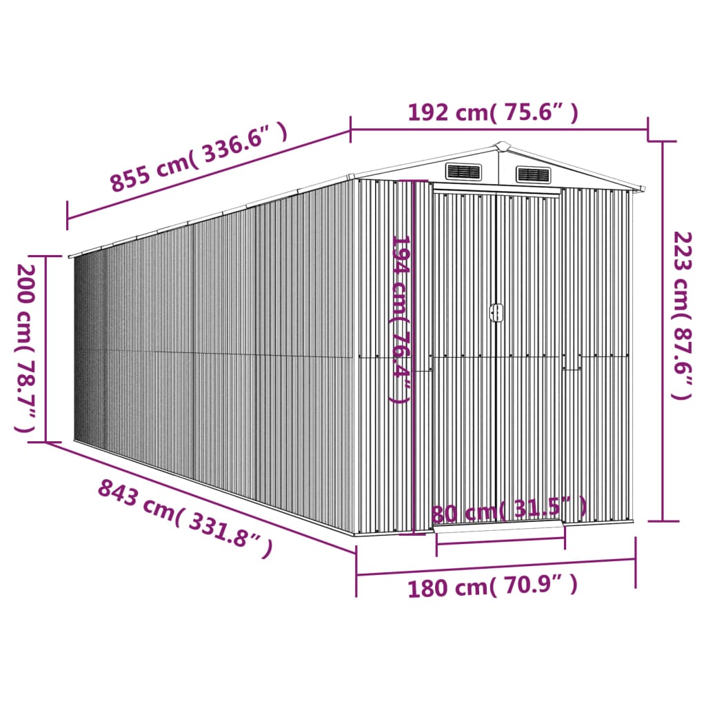 vidaXL Αποθήκη Κήπου Ανθρακί 192x855x223 εκ. Γαλβανισμένο Ατσάλι