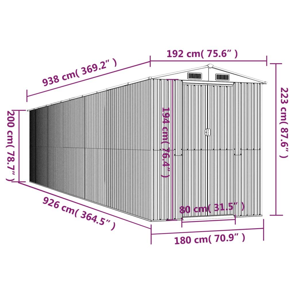 vidaXL Αποθήκη Κήπου Ανθρακί 192x938x223 εκ. Γαλβανισμένο Ατσάλι