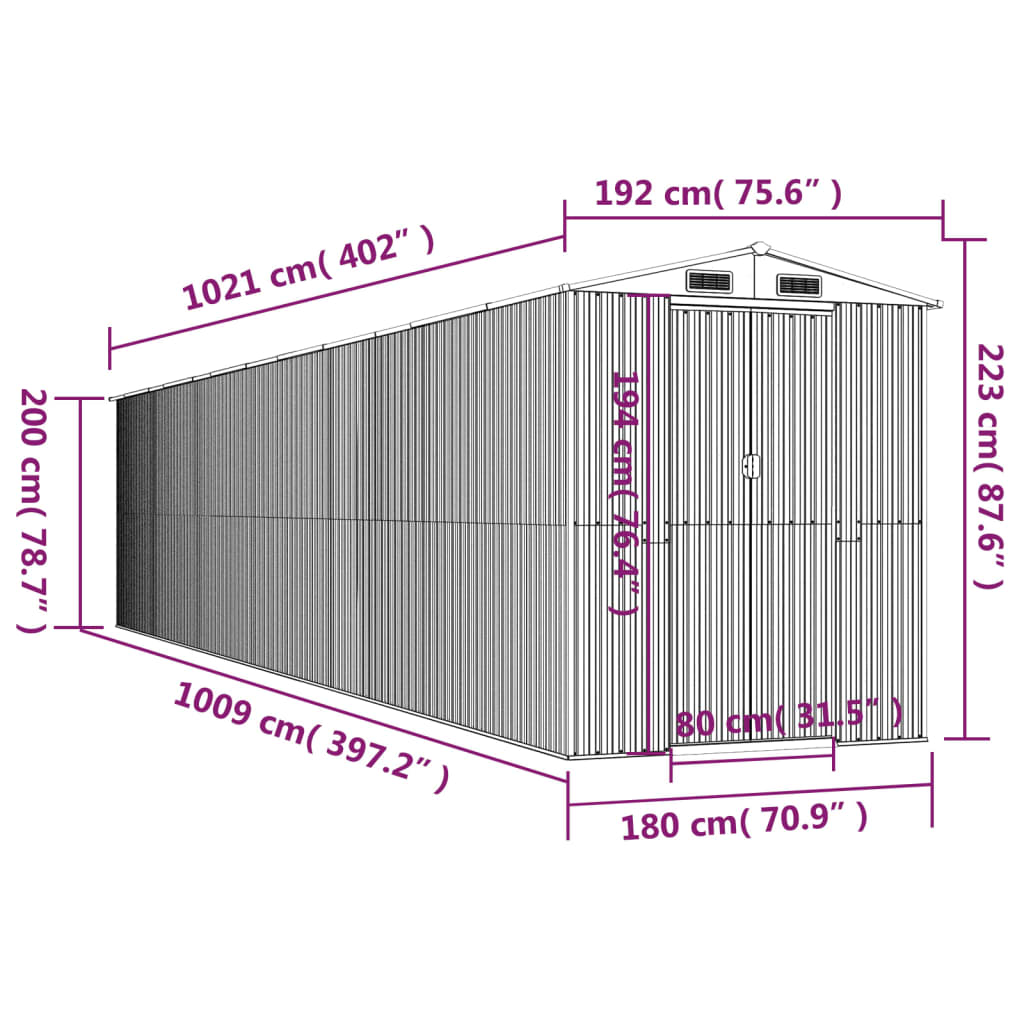 vidaXL Αποθήκη Κήπου Ανθρακί 192 x 1021 x 223 εκ. Γαλβανισμένο Ατσάλι
